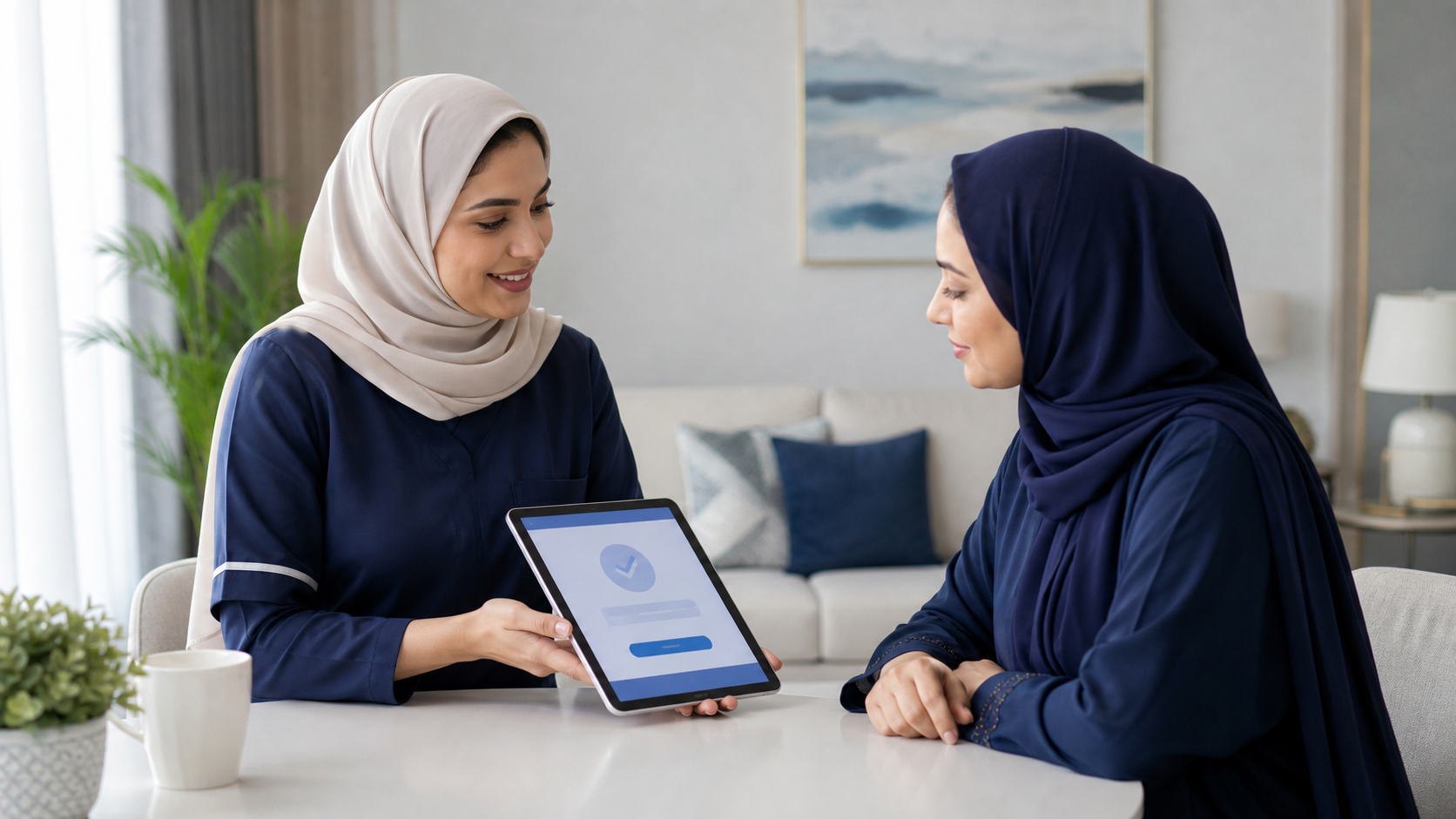 Two women reviewing care options on a tablet